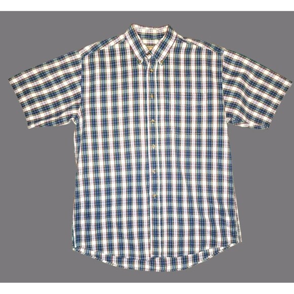 Woolrich Mens Large Blue Plaid Seersucker Cotton Button Down Shirt Short Sleeve - Picture 1 of 5